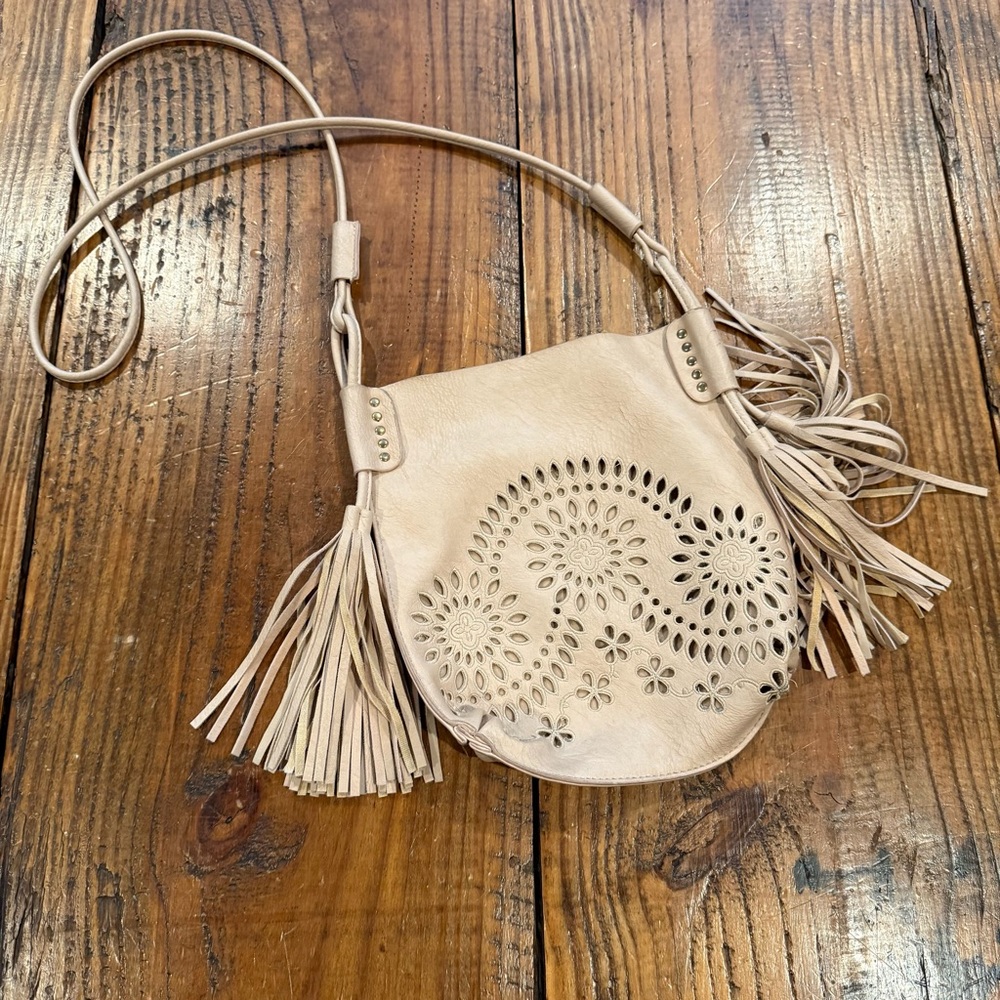 Boho Vegan Leather Beige Fringe Cutout Crossbody Bag Western Festival